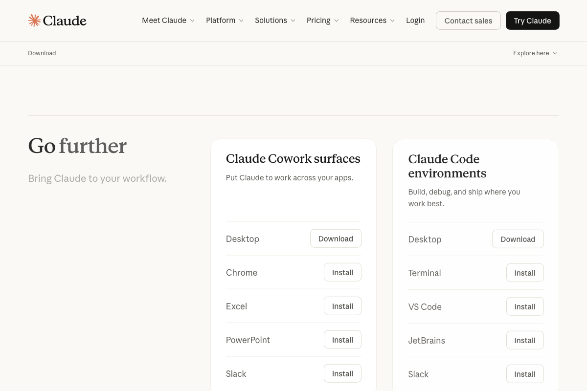 claude.ai/download 'Go further' section showing Claude Cowork surfaces and Claude Code environments