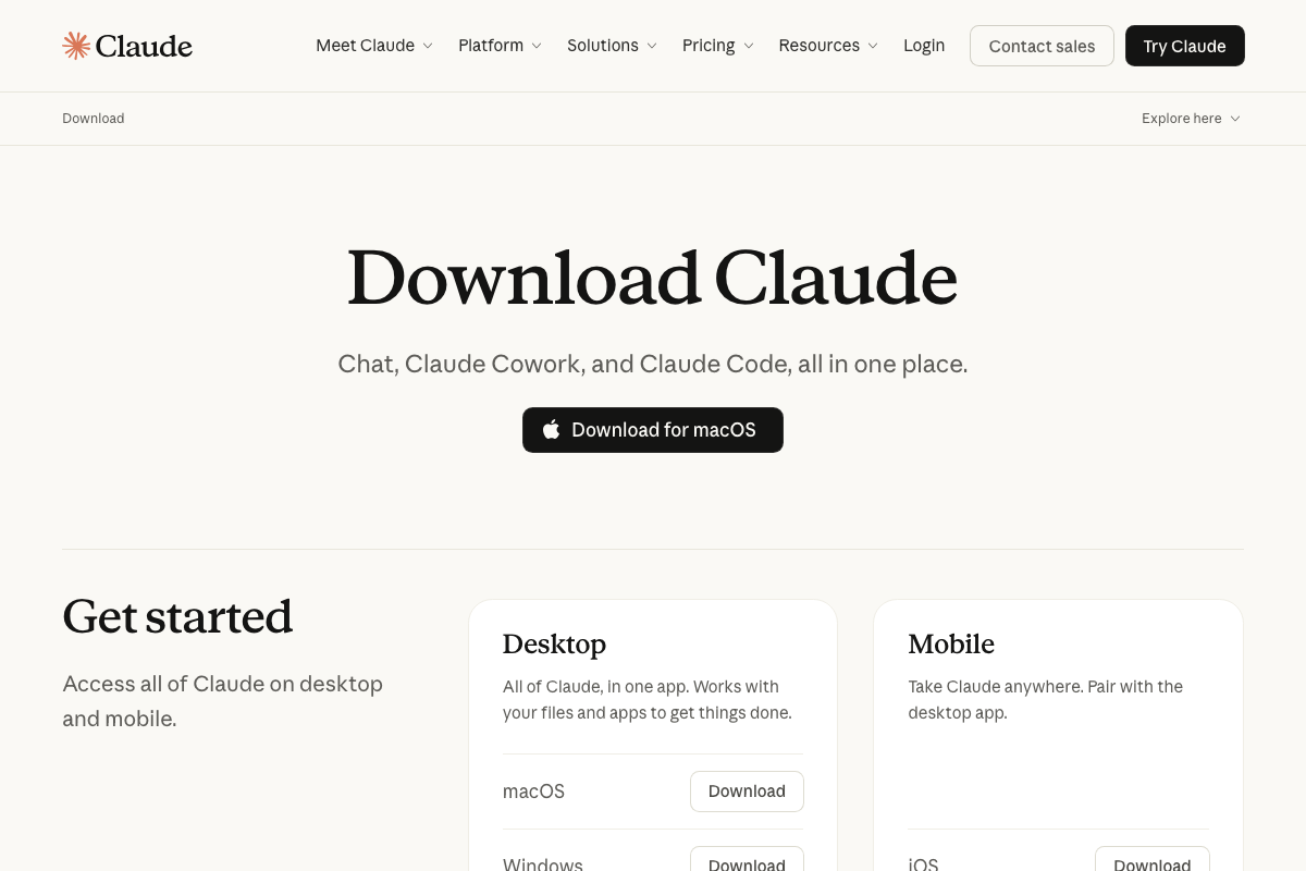 Official Claude download page at claude.ai/download, showing macOS and Windows desktop options alongside mobile.