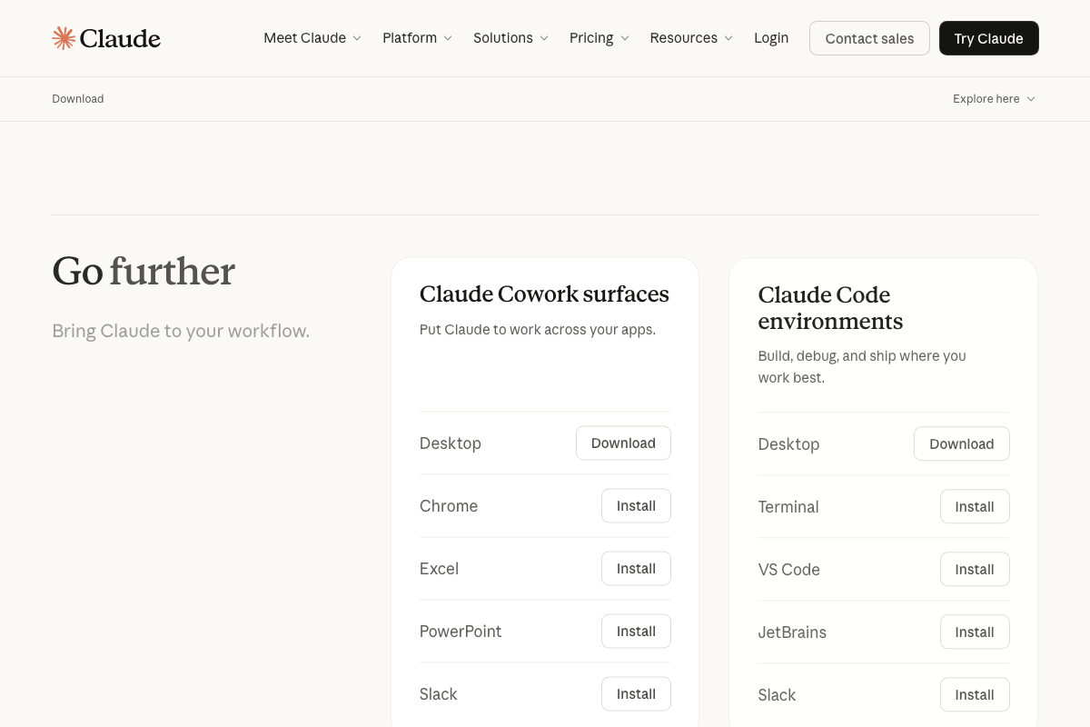 The claude.ai/download page distinguishing Claude Cowork surfaces from Claude Code environments in a single installer.