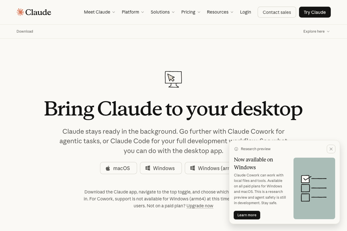 Official Claude download page showing macOS and Windows options alongside the Cowork research preview notice