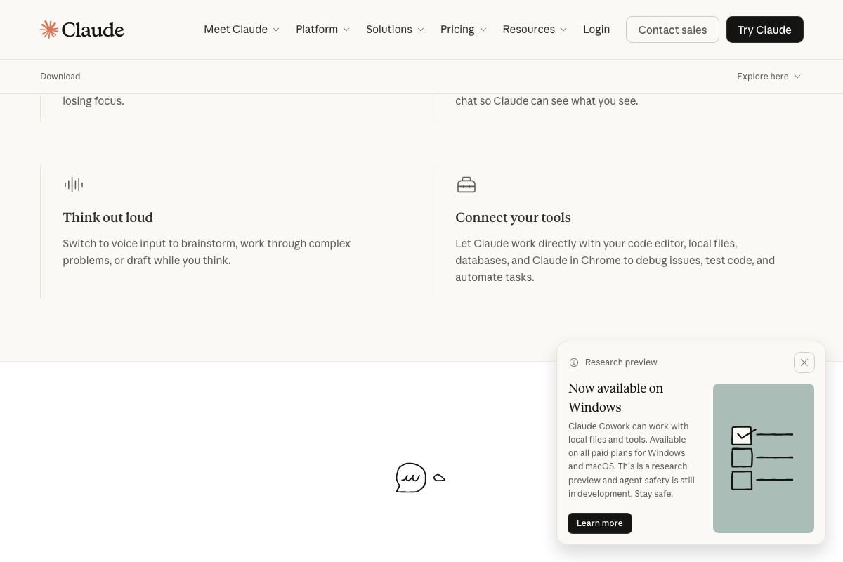 Claude download page describing connectable tools: code editor, local files, databases, and Claude in Chrome.