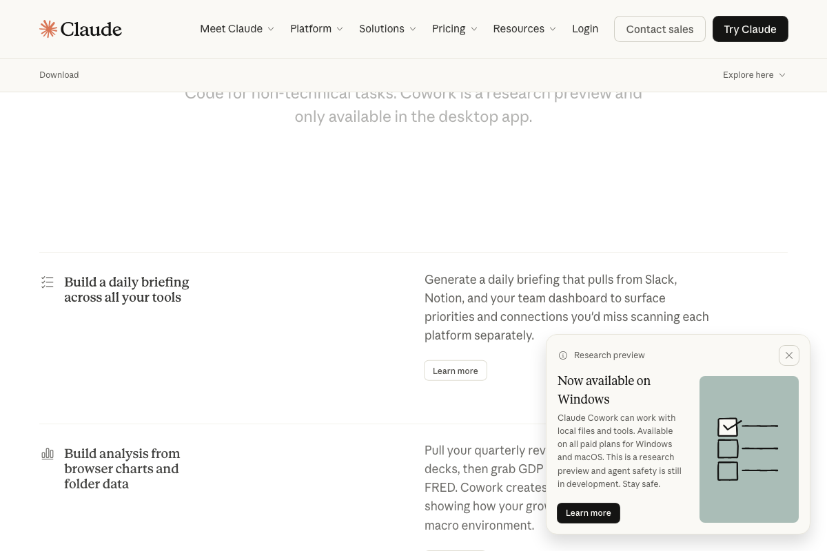 Download page section confirming Cowork is desktop-only and research preview, with productivity-focused use-case examples