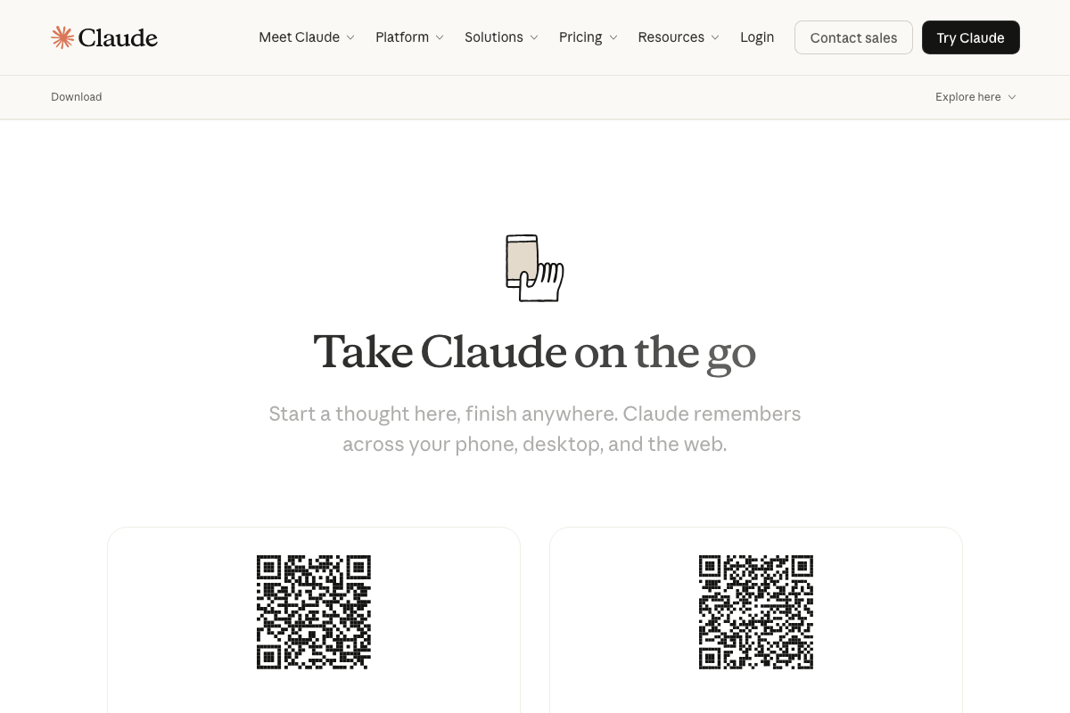 Claude download page mobile section showing QR codes for iOS and Android apps, described as general Claude companions that pair with the desktop app for cross-device continuity.