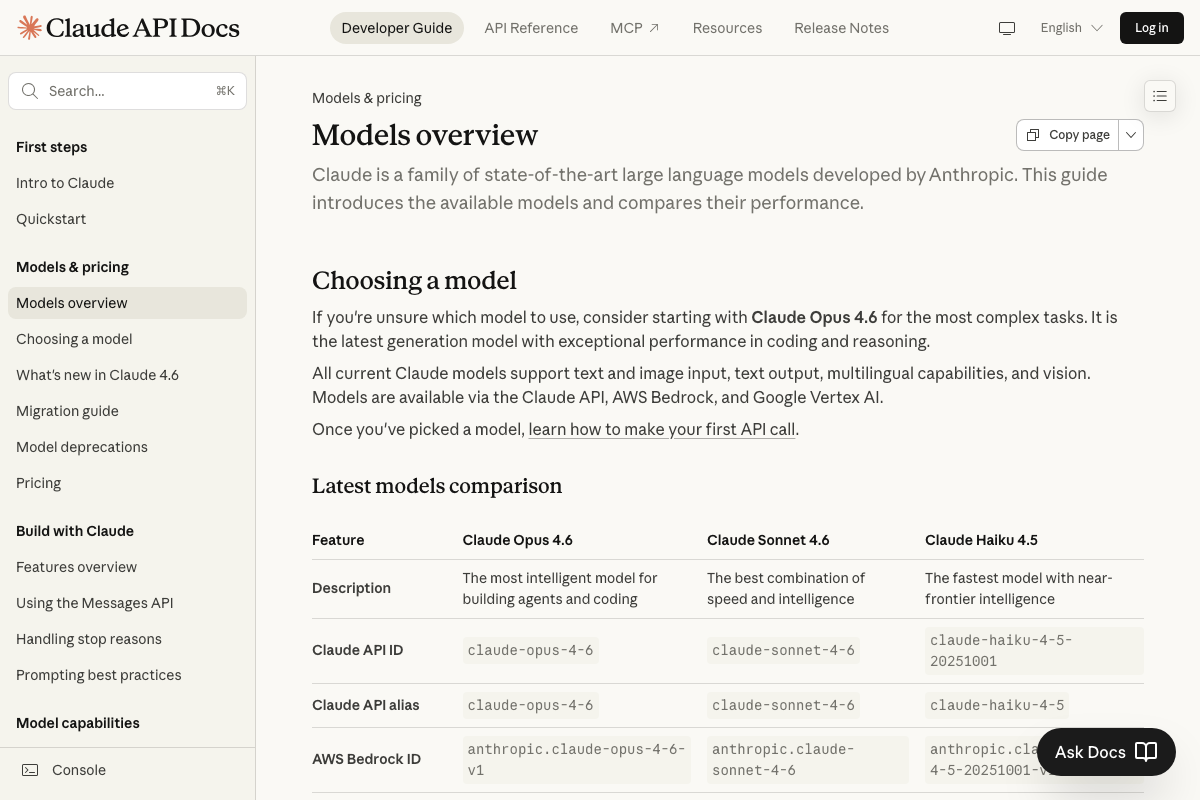 Anthropic's official Models overview confirming Claude Opus 4.6 as the recommended model for complex tasks, with both Opus 4.6 and Sonnet 4.6 listed as current.