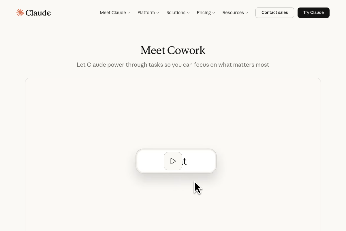 'Meet Cowork' section at claude.ai featuring a product overview video with no skill-installation or slash-command documentation.