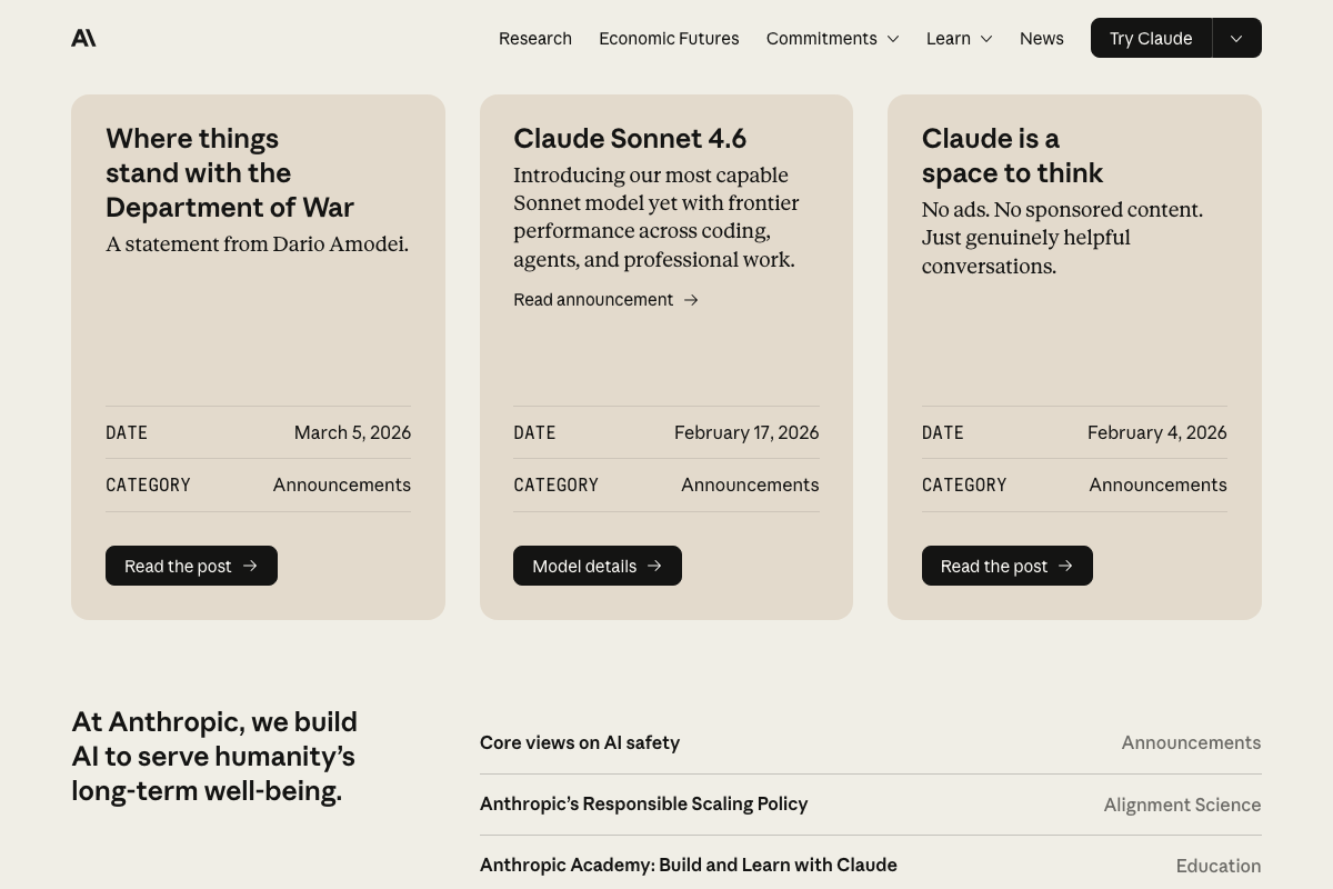 Anthropic homepage news section showing Claude Sonnet 4.6 announcement (February 17, 2026) described as 'most capable Sonnet model yet' for coding, agents, and professional work.