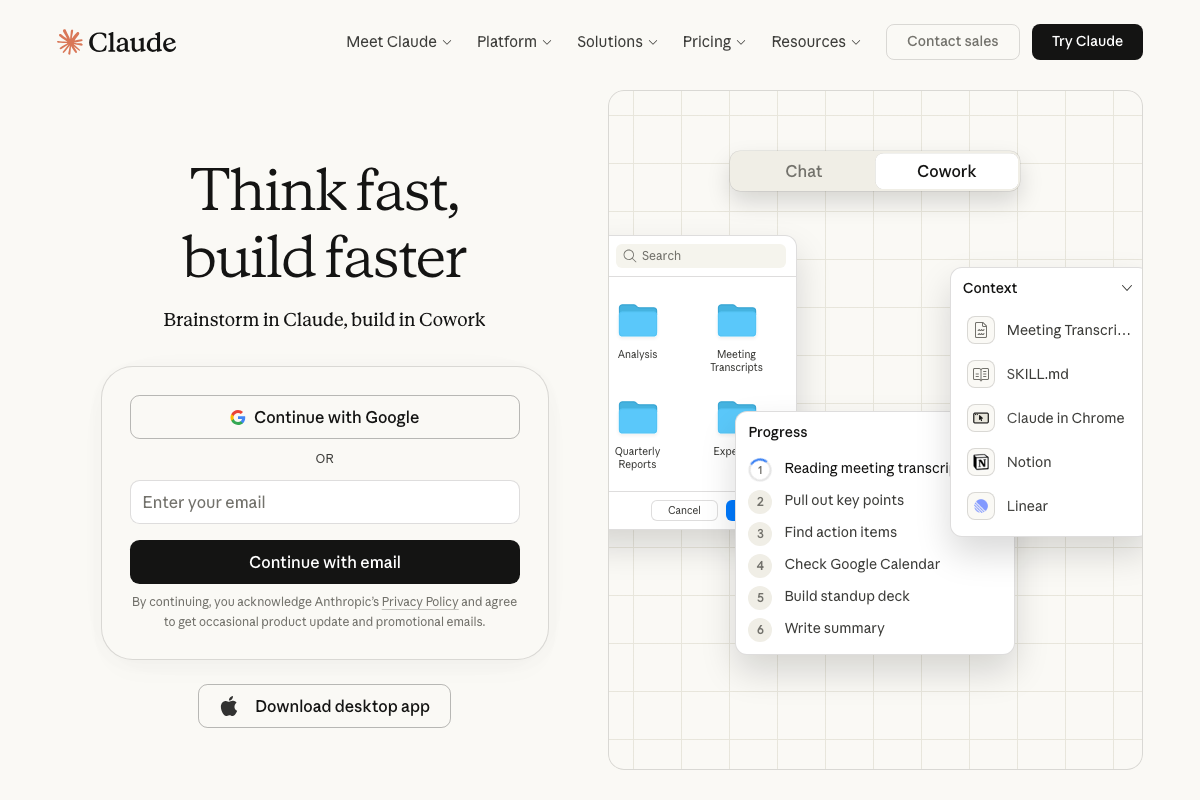 Claude.ai homepage as of March 2026 showing Chat and Cowork modes with project organization — one of the AI models Hootsuite's LLM Insights can monitor.