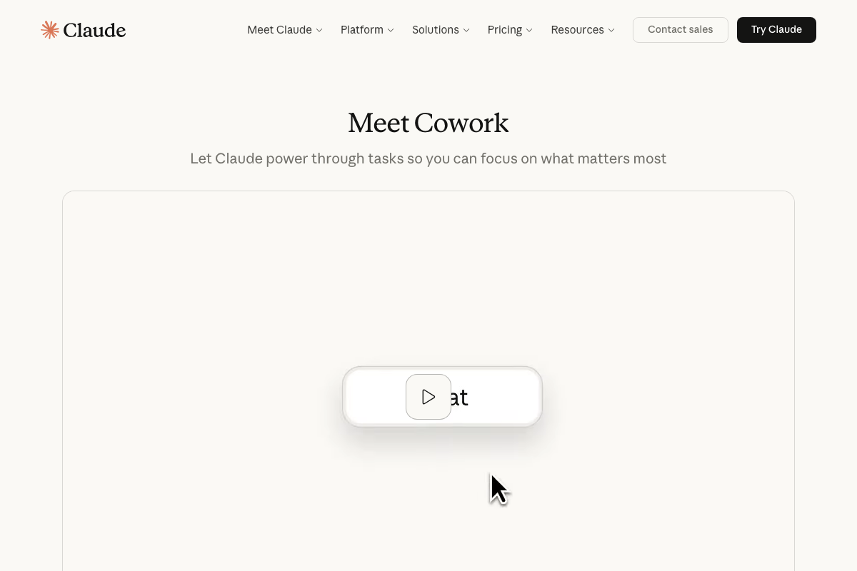 Claude.ai 'Meet Cowork' section showing the autonomous task execution feature — a capability beyond standard chat that the video does not address in the context of LLM monitoring.