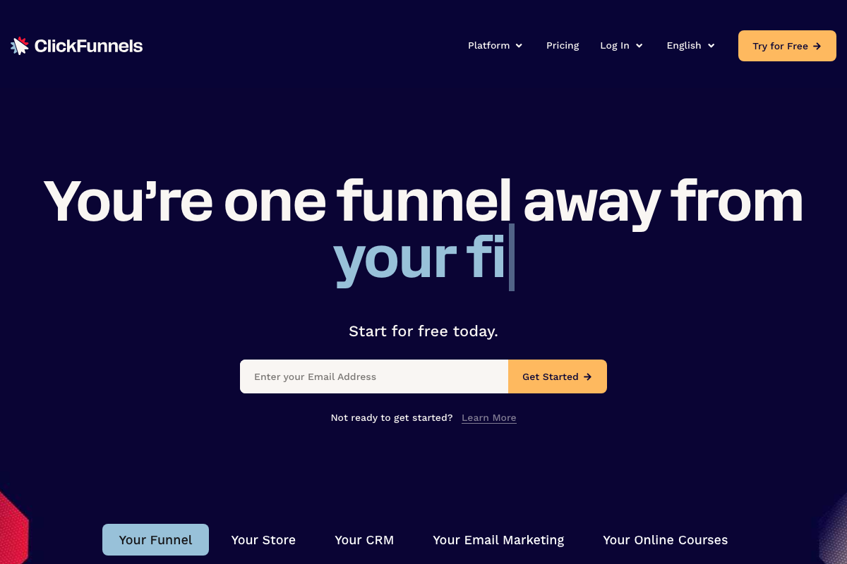 ClickFunnels 2.0 homepage at clickfunnels.com showing five integrated platform pillars and the 'You're one funnel away' hero headline