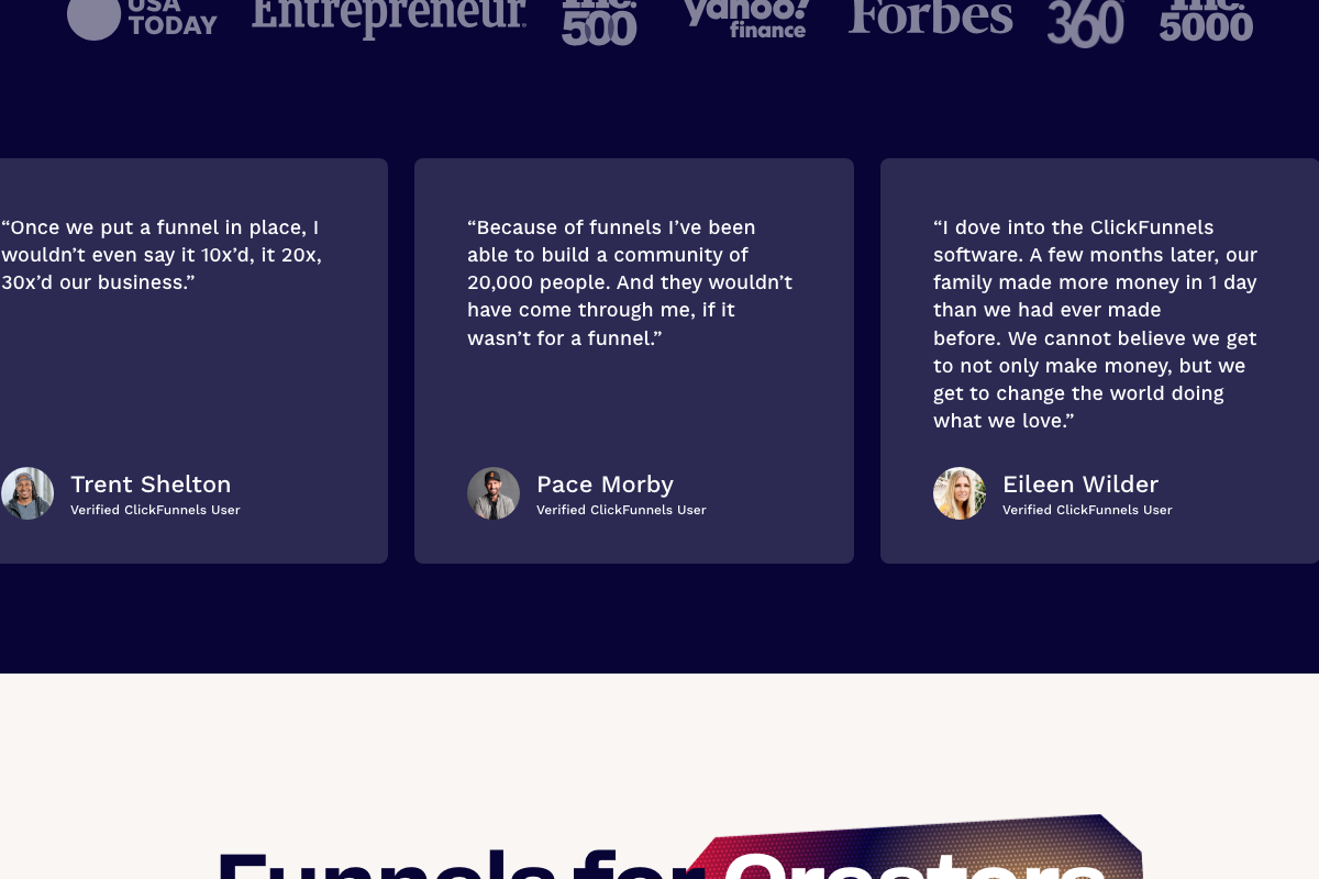 ClickFunnels homepage testimonial block featuring Trent Shelton, Pace Morby, and Eileen Wilder citing funnel-driven growth outcomes of 20–30x
