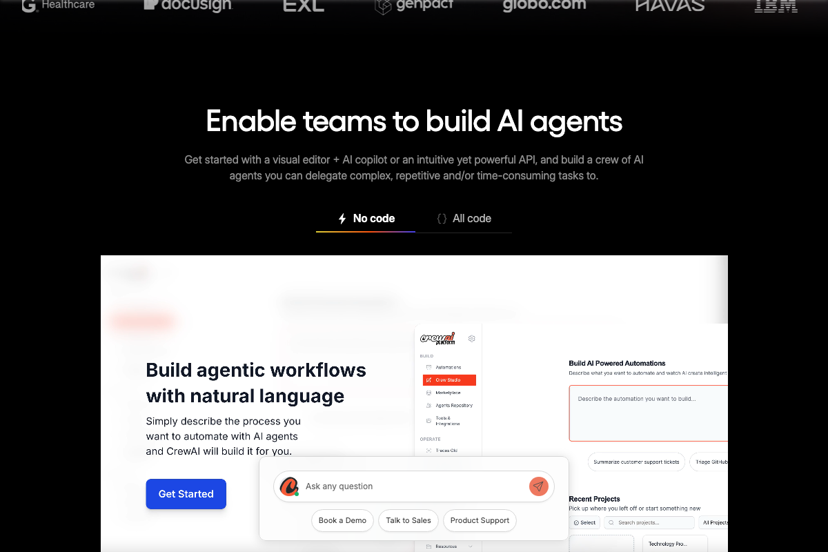 CrewAI's no-code/all-code builder with enterprise client logos — confirms multi-agent platforms are in active production use and available to non-technical operators.