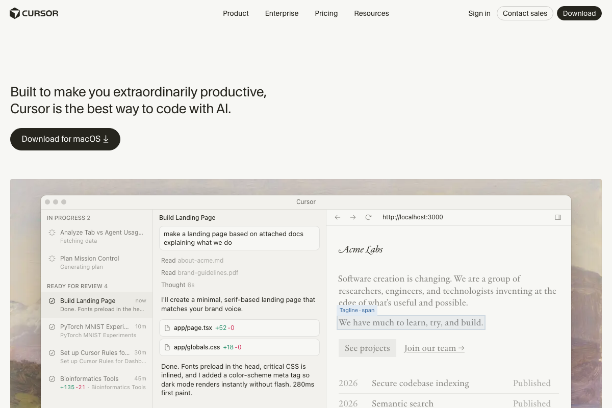 Cursor homepage showing its AI-native code editor UI with multiple simultaneous in-progress agentic tasks visible in the left task panel alongside an active code editing session.