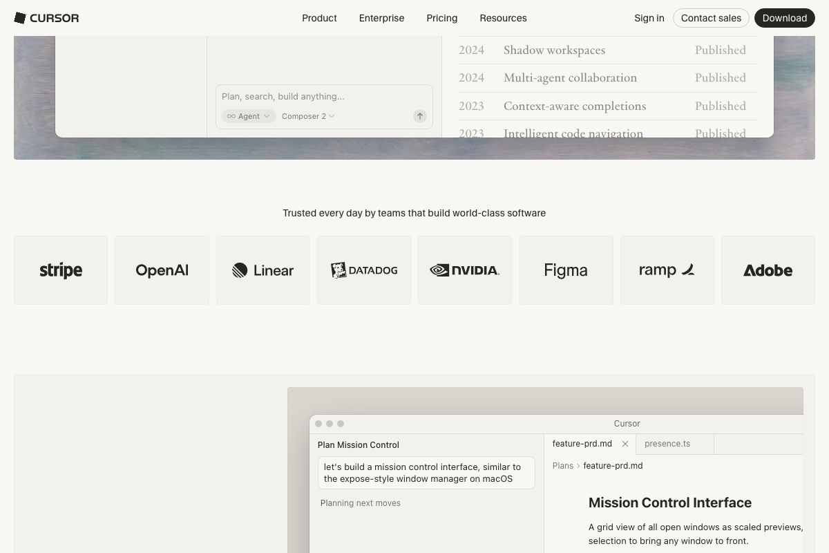 Cursor changelog confirming 'Multi-agent collaboration' as a shipped 2024 feature, alongside a social proof bar of enterprise adopters.