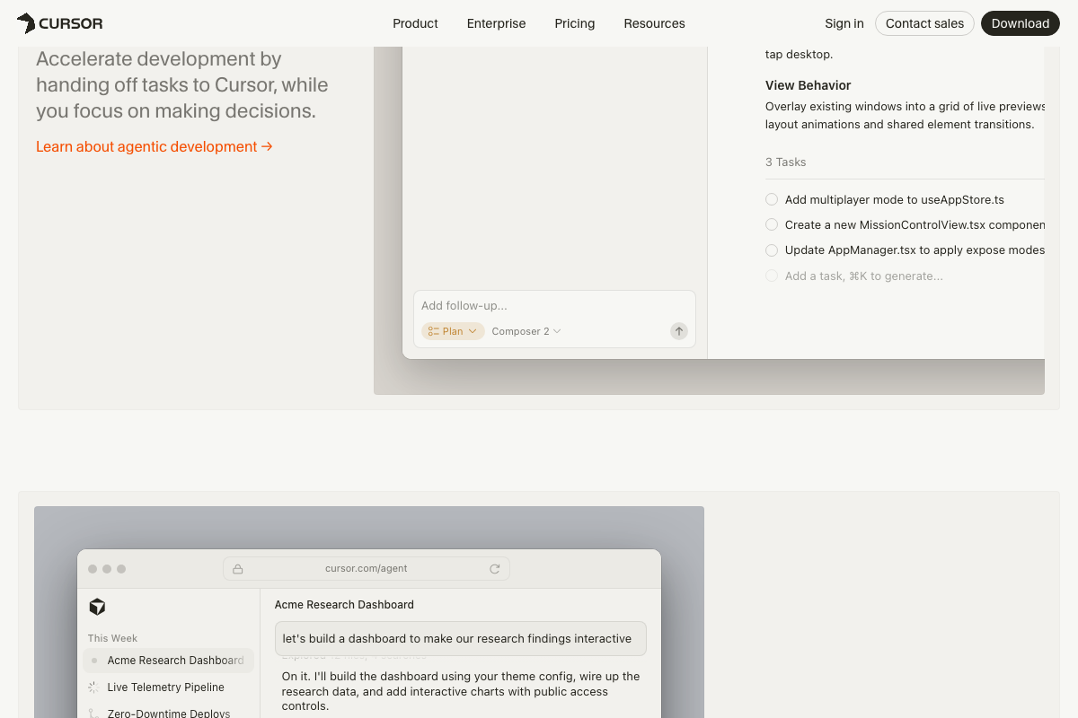 Cursor agentic development section showing autonomous task handoff interface and the cursor.com/agent project management view with multi-task tracking.