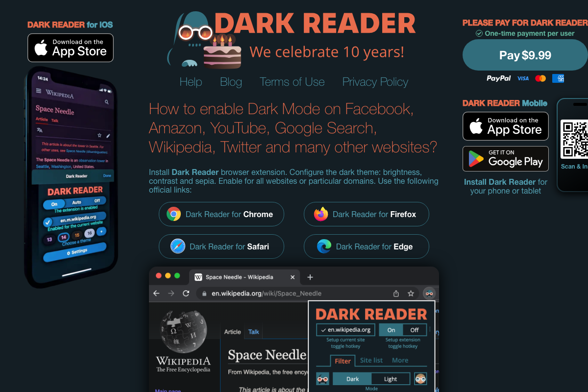 Dark Reader homepage showing Chrome, Firefox, Safari, and Edge availability alongside a $9.99 one-time support payment option