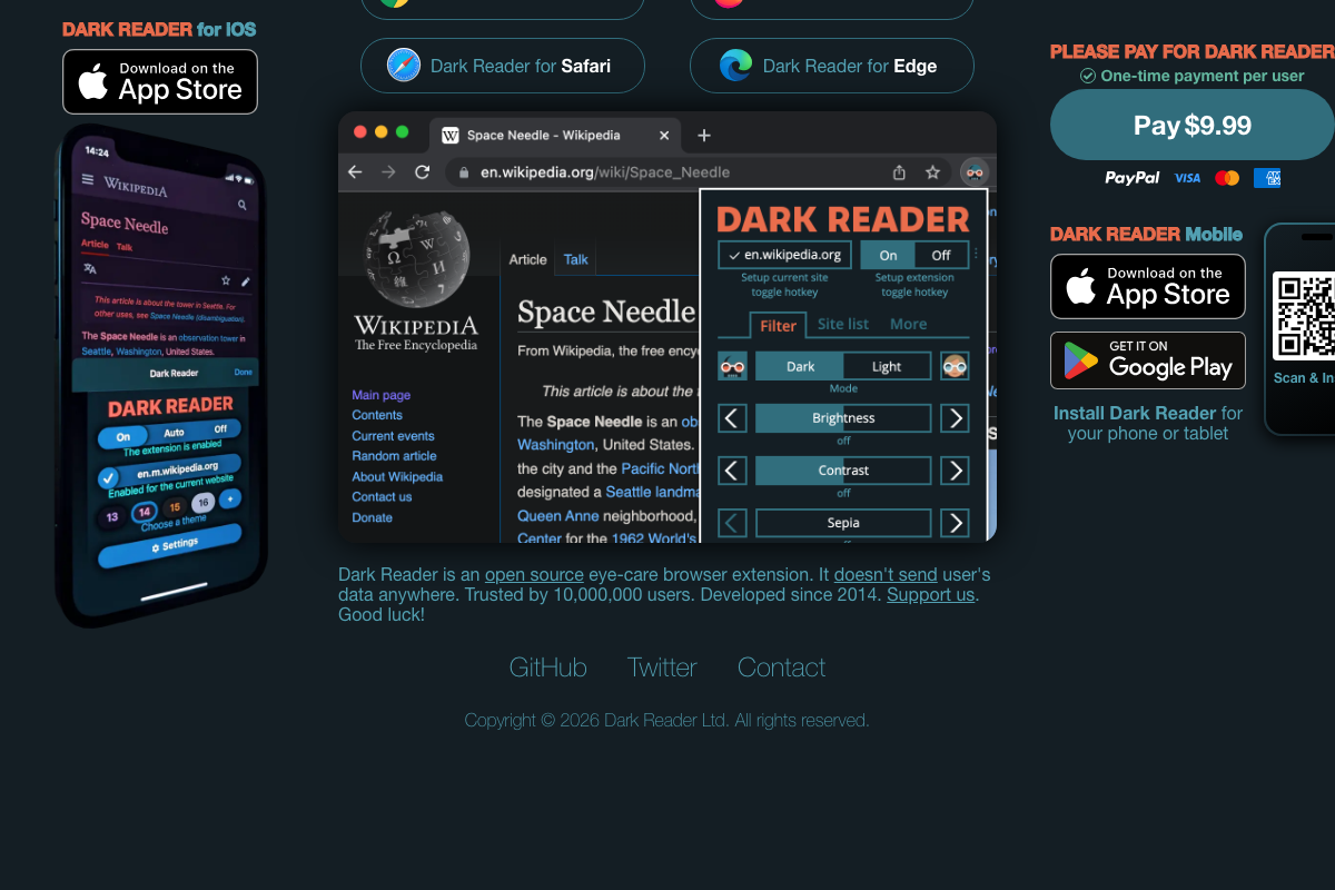 Dark Reader popup panel showing Mode, Brightness, Contrast, and Sepia controls, with footer confirming open-source status and 10M users
