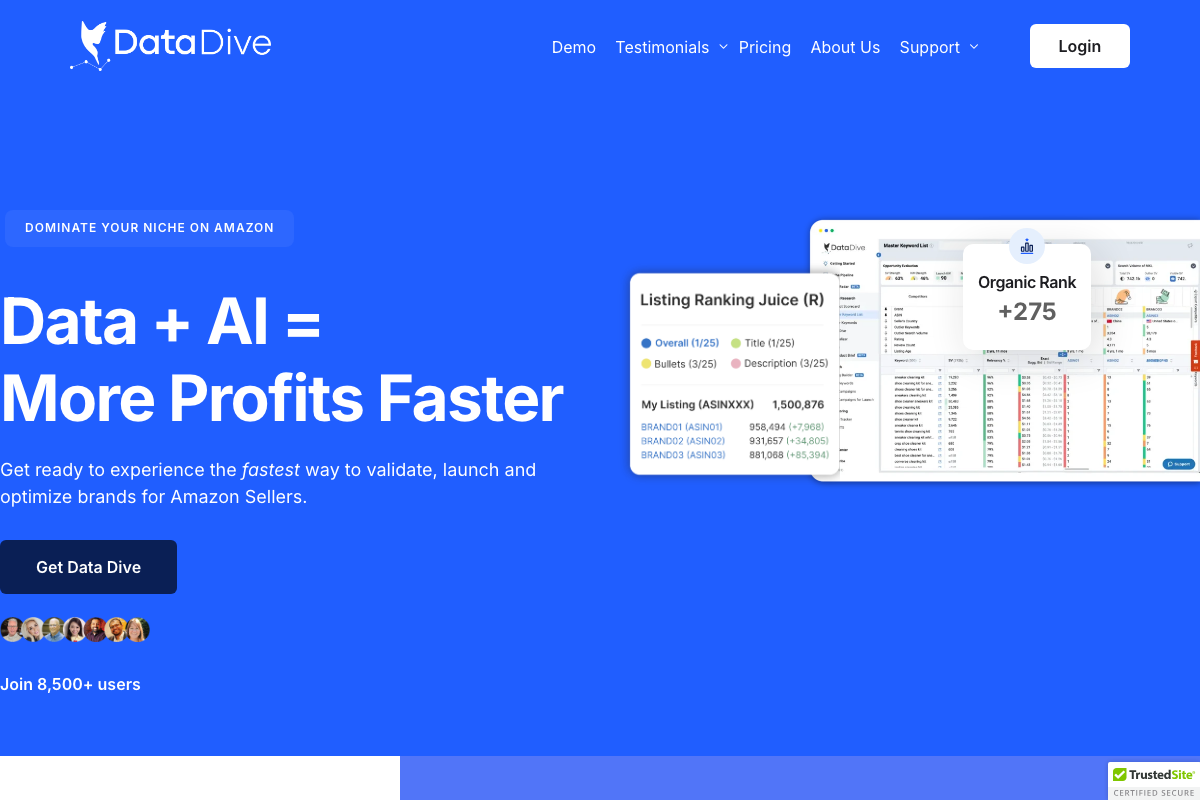 Data Dive homepage showing Listing Ranking Juice scoring across Title, Bullets, and Description, plus Organic Rank change tracking.