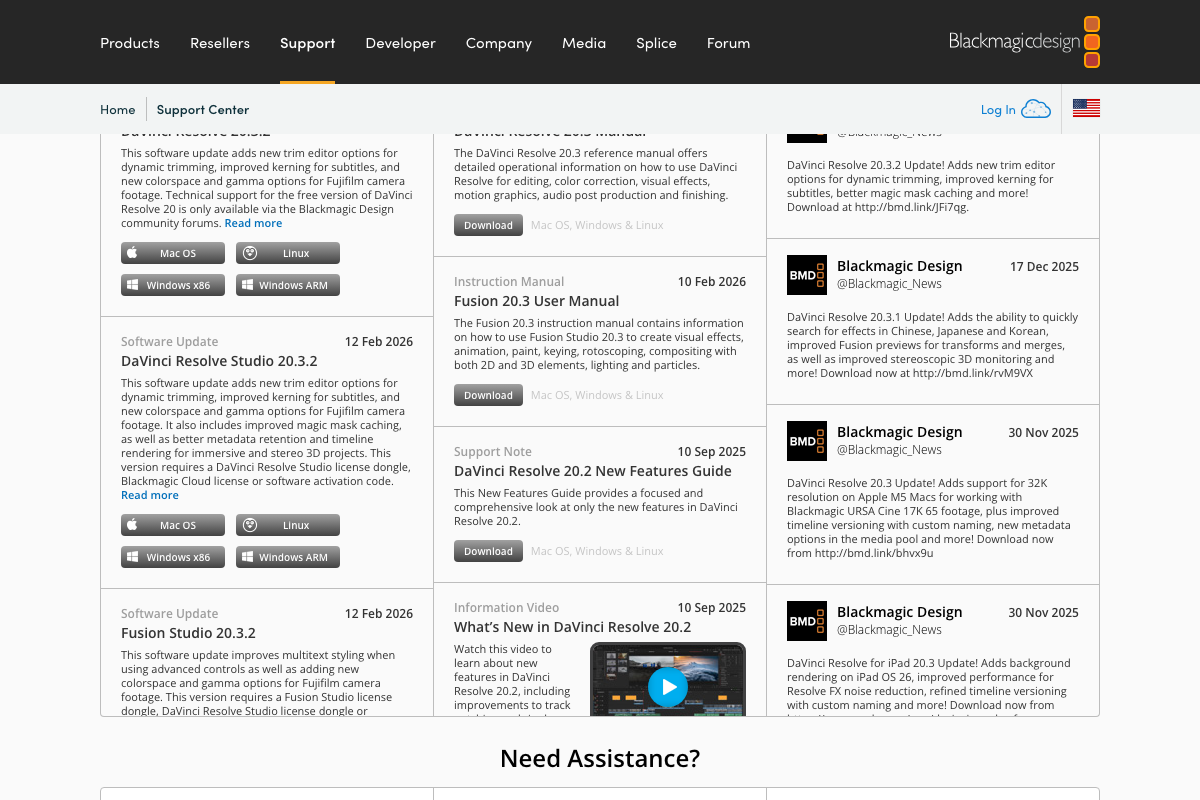Blackmagic Design support listing showing DaVinci Resolve Studio 20.2 release notes and New Features Guide as current documentation.
