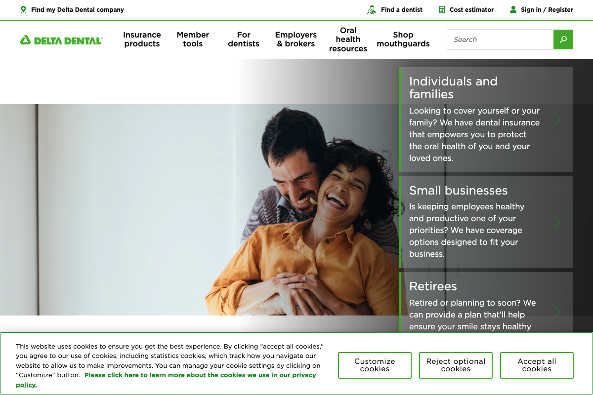 Delta Dental homepage — dental insurance company with member-gated provider directory, largest dentist network in the US