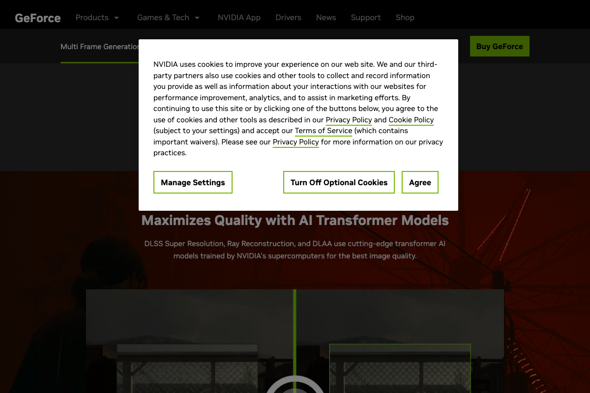 NVIDIA DLSS 4 page showing the Multi Frame Generation tab and the 'Maximizes Quality with AI Transformer Models' description for Super Resolution, Ray Reconstruction, and DLAA.