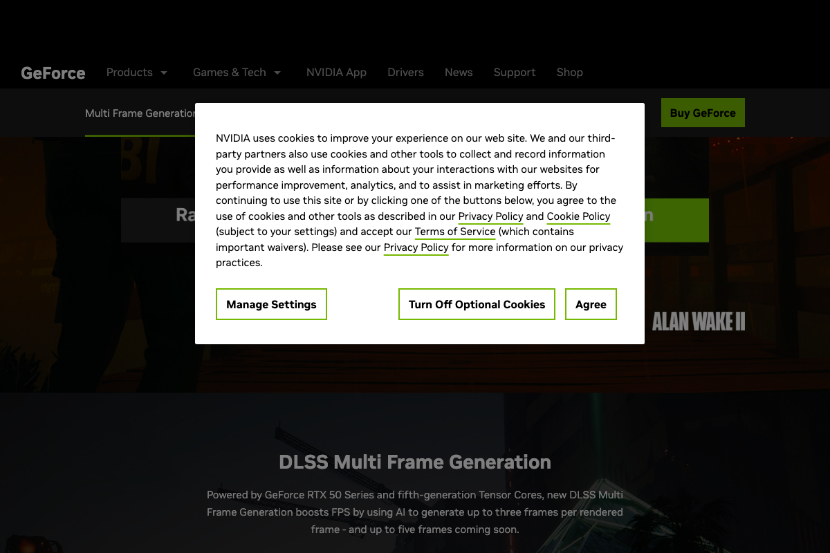 NVIDIA DLSS 4 Multi Frame Generation detail page showing RTX 50 Series as the required hardware, AI-generated frame counts, and Alan Wake 2 as a supported title.