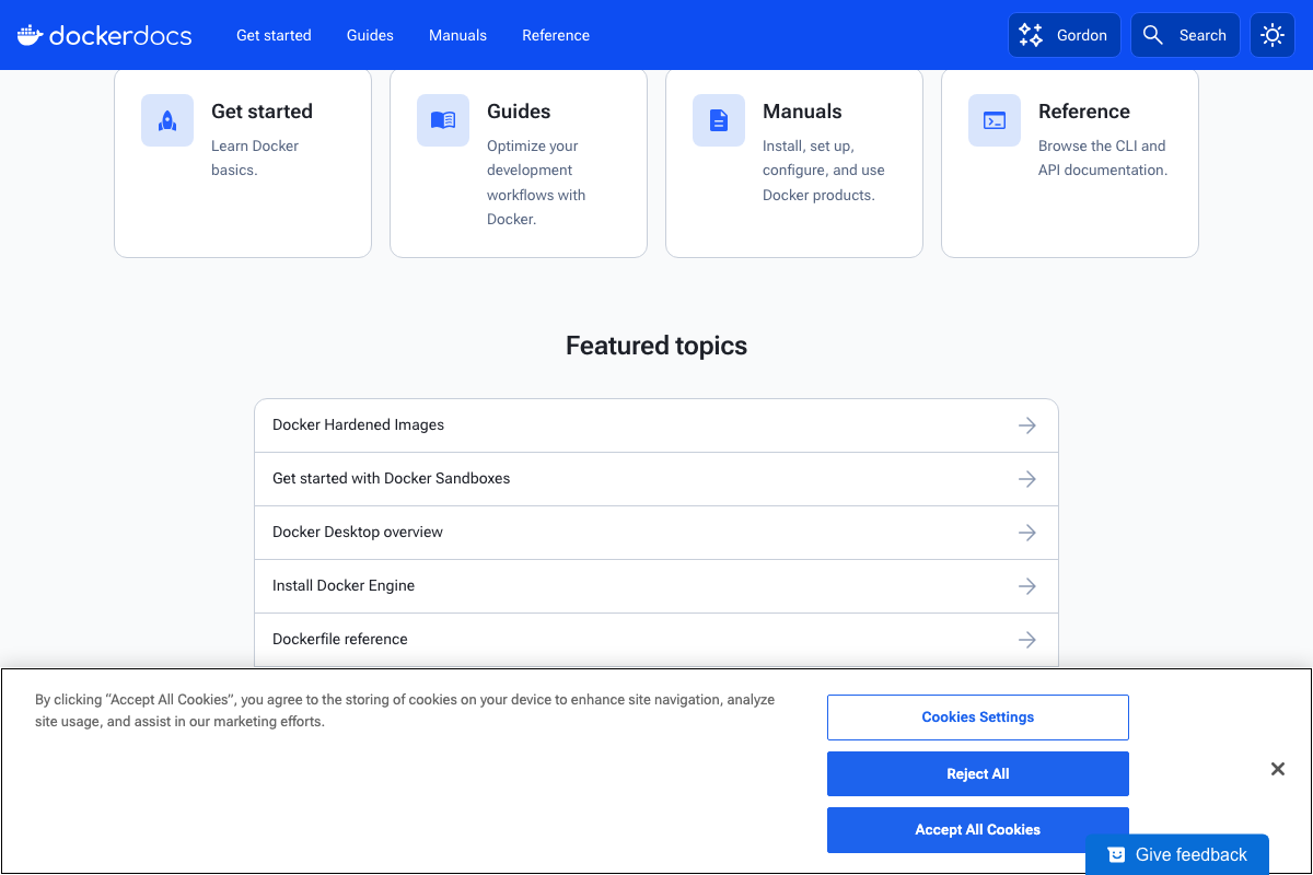 Docker Docs navigation sections and featured topics including 'Install Docker Engine' — the primary reference for users self-hosting Firecrawl
