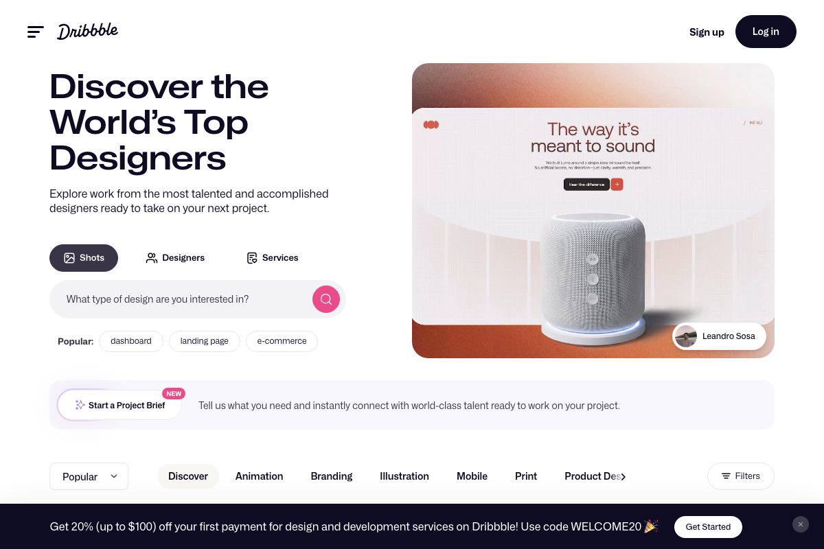 Dribbble homepage showing search and browse interface; 'dashboard' and 'landing page' are listed as popular tags, confirming dashboard-style designs are readily findable