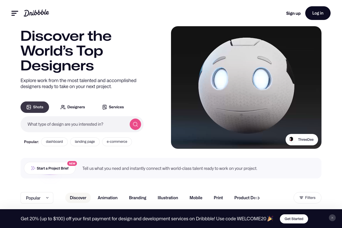 Dribbble homepage with 'landing page' listed as a popular search tag and a new Project Brief matching feature.