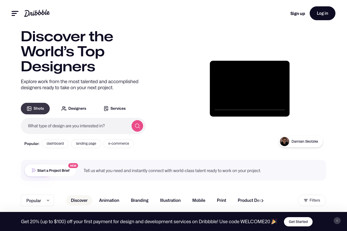 Dribbble homepage with 'landing page' as a popular search tag — the most directly navigable of the three sources for this use case