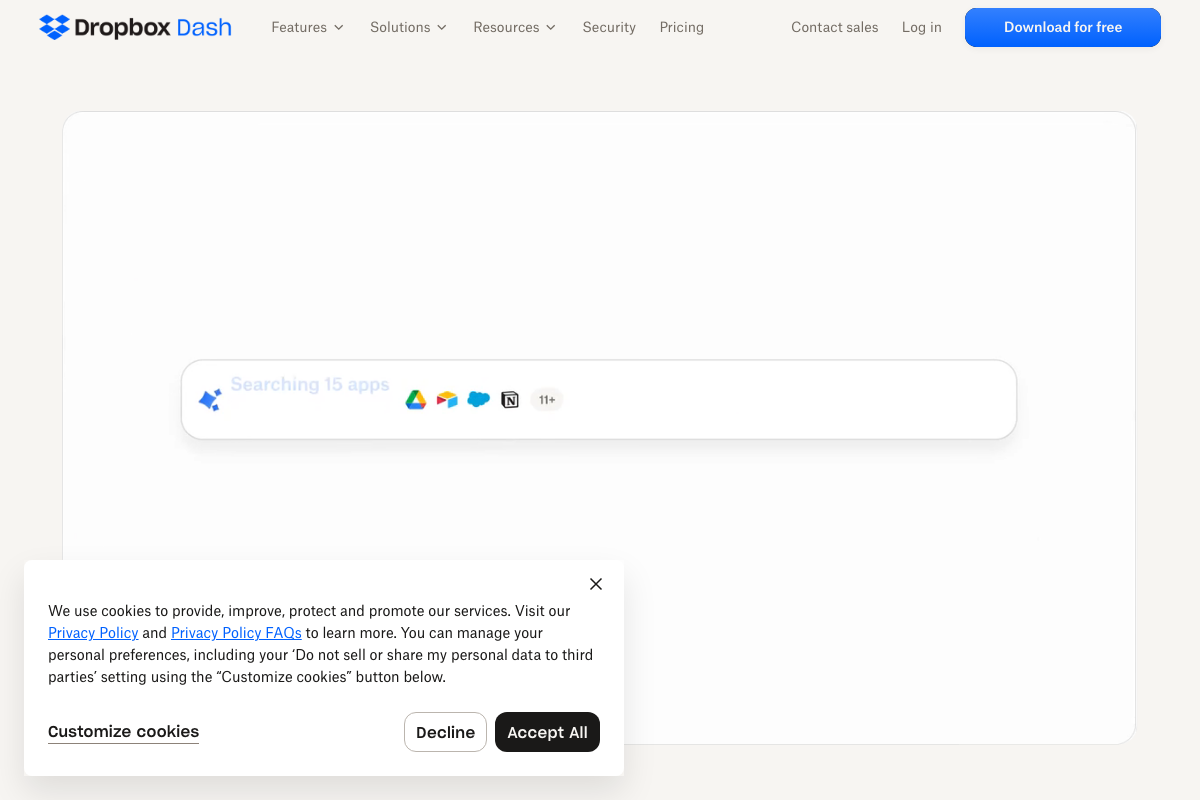 Dropbox Dash search UI showing 'Searching 15 apps' with visible integration icons including Google Drive and Notion.