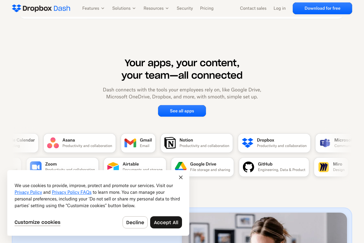 Dropbox Dash integrations section confirming Gmail, Google Calendar, Notion, Google Drive, and 8+ additional supported apps.