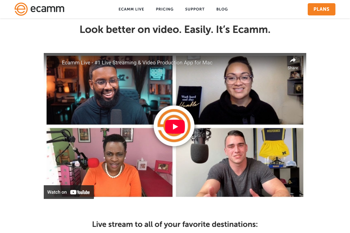 Ecamm Live marketing section introducing multi-destination live streaming