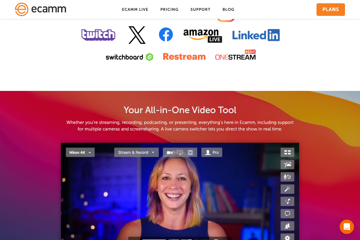 Ecamm Live destination list — confirmed logos include Twitch, X, Facebook, Amazon Live, LinkedIn, Switchboard, Restream, and OneStream