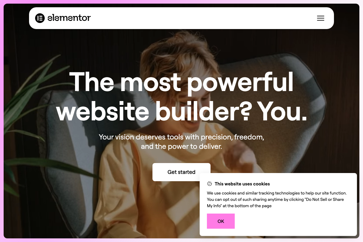 Elementor homepage hero section showing the main marketing tagline and 'Get started' call to action — no documentation content about mobile menus is visible.