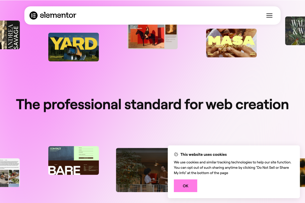 Elementor homepage section showcasing website templates under the heading 'The professional standard for web creation' — no menu-related documentation is shown.