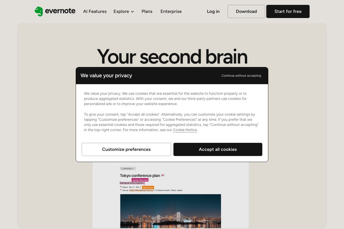 Evernote marketing homepage showing AI Features in top navigation and 'Your second brain' hero messaging