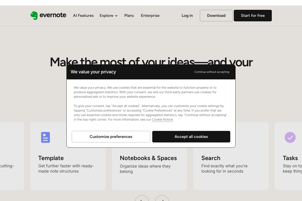 Evernote feature carousel showing Notebooks & Spaces alongside Tasks, Search, and Templates — structural parallels to Journal It's Areas, Planner, and Search features