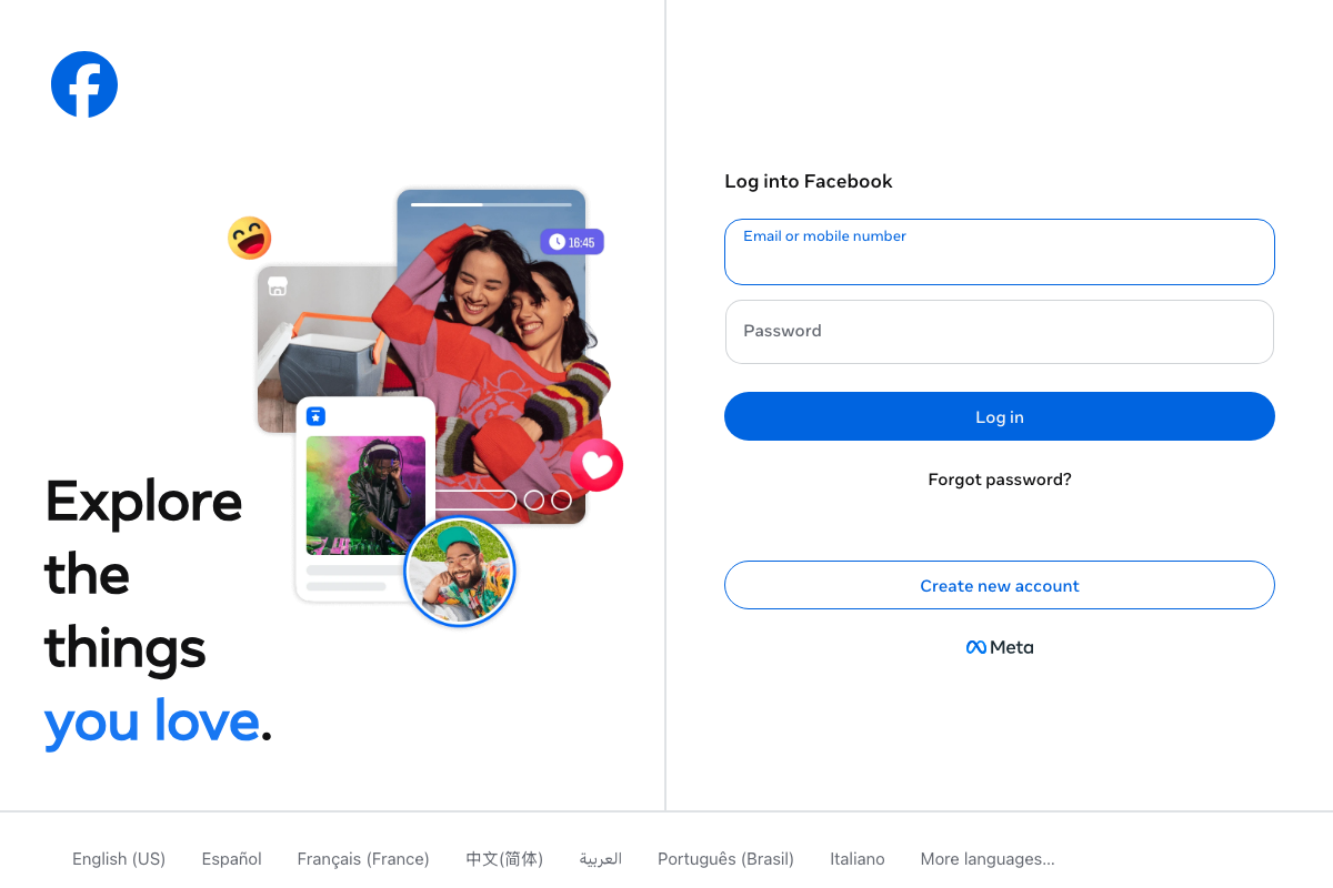 Facebook login page — full authentication wall; no brand, post, or ad campaign data accessible without login.