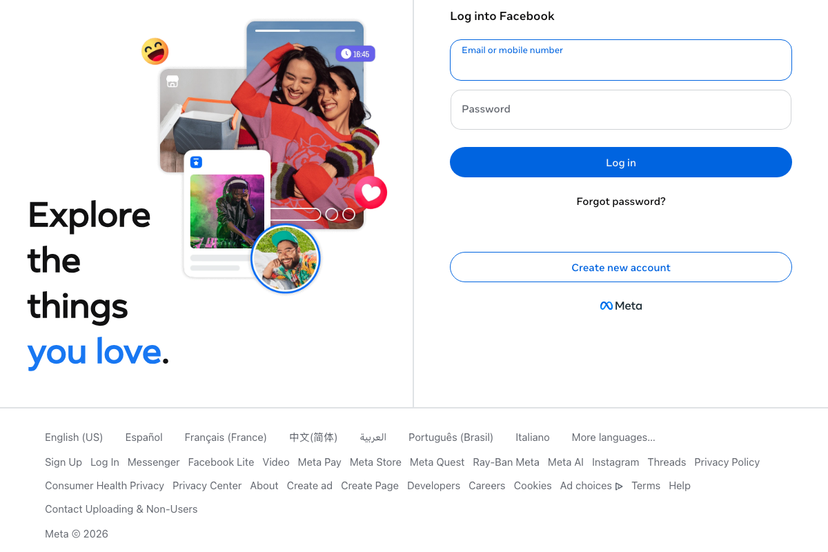 Facebook login page with expanded Meta footer — confirms Facebook and Instagram share unified Meta authentication infrastructure.