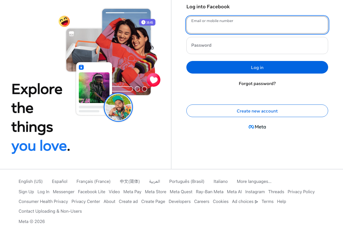 Facebook login page footer — Meta's platform ecosystem includes Instagram and Threads as additional cross-posting surfaces beyond Facebook itself.