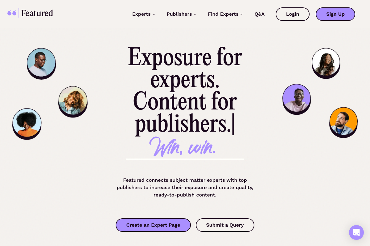 Featured.com homepage showing the expert-publisher matching platform with dual CTAs for expert sign-up and publisher query submission