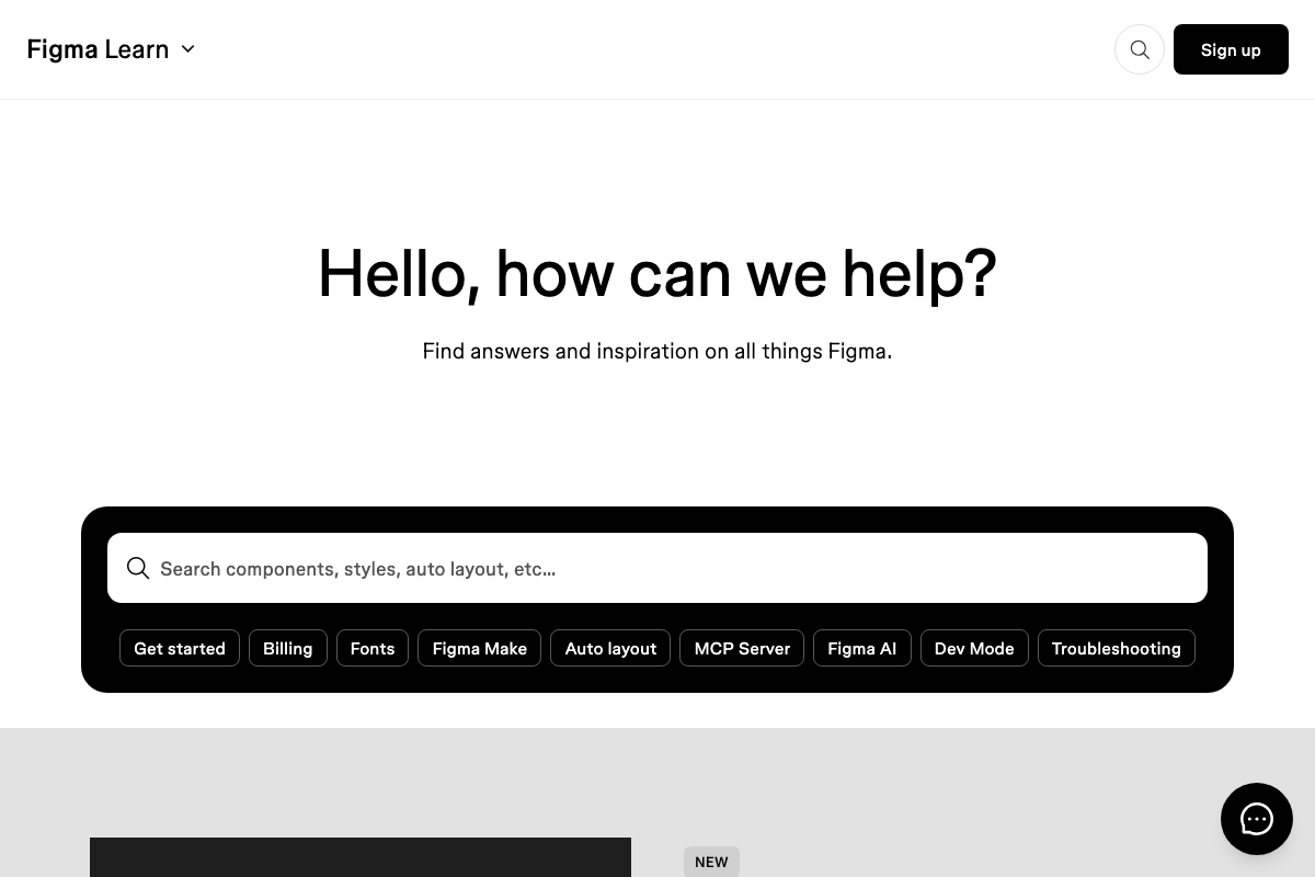 Figma Learn help center homepage showing 'Figma Make' and 'Figma AI' as prominently featured help categories alongside standard design topics.