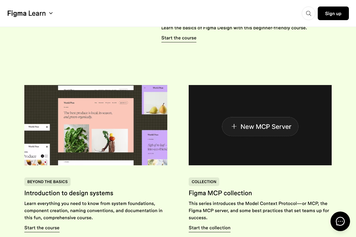 Figma Learn course catalog showing 'Introduction to design systems' and 'Figma MCP collection' as featured learning paths.