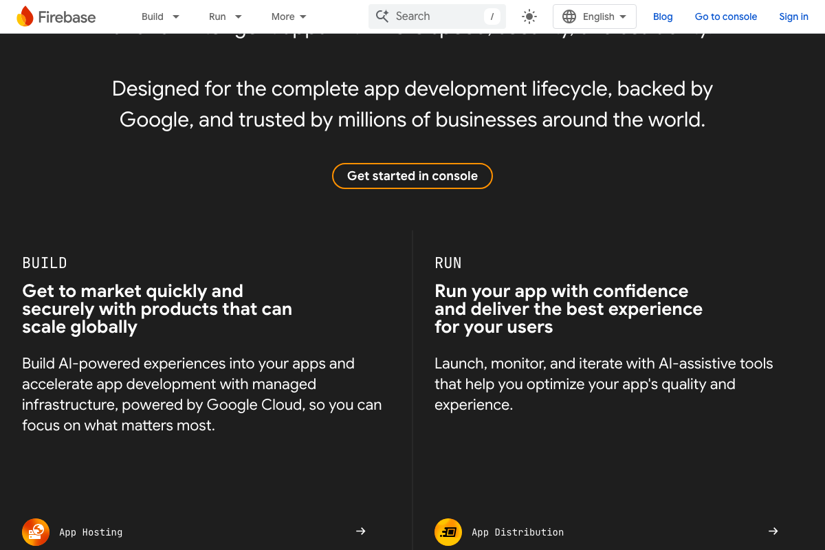 Firebase homepage BUILD/RUN product split — App Hosting is listed under BUILD, confirming Firebase's role in the public deployment workflow described in step 12.