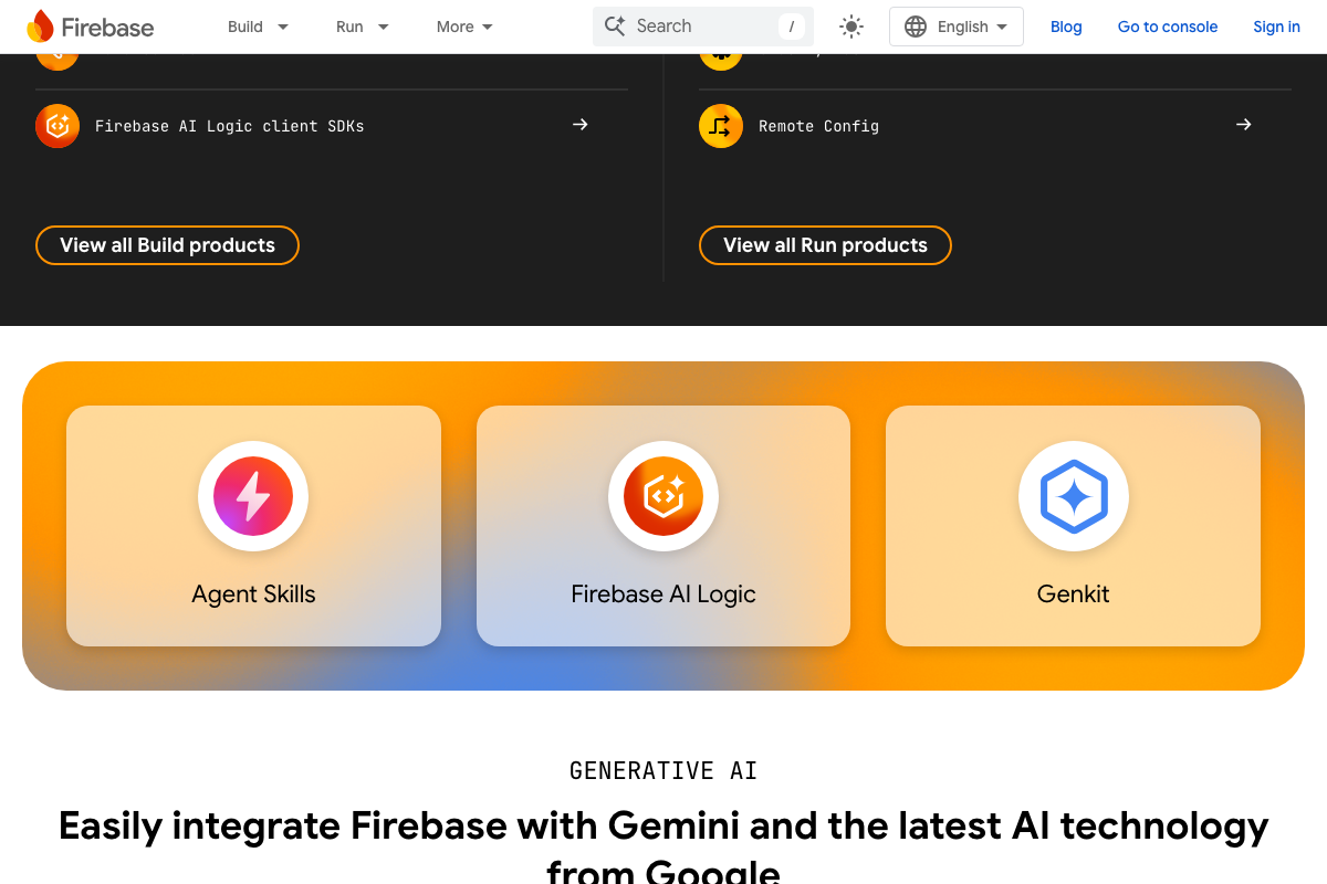 Firebase generative AI product tiles — Agent Skills, Firebase AI Logic, and Genkit — showing the AI integration layer between Firebase and Gemini that underpins the AI Studio app deployment workflow.