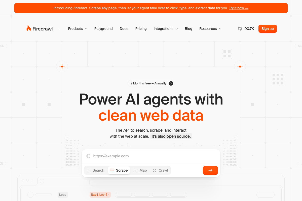 Firecrawl homepage showing the platform's four primary UI-exposed actions — Search, Scrape, Map, Crawl — and a banner announcing the newly launched /interact feature