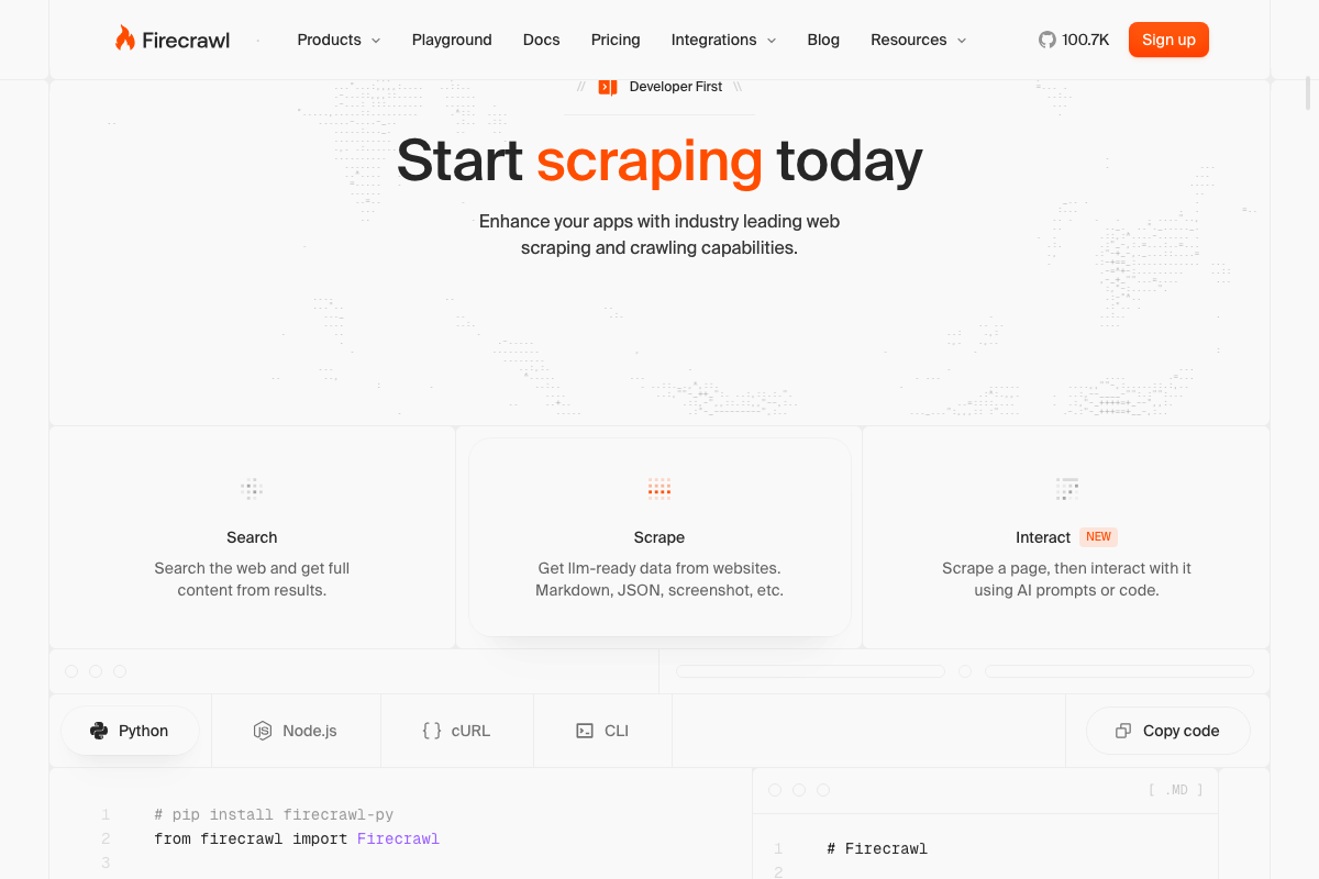 Firecrawl homepage 'Start scraping today' section showing three featured actions — Search, Scrape, and Interact (NEW) — with SDK and CLI installation tabs
