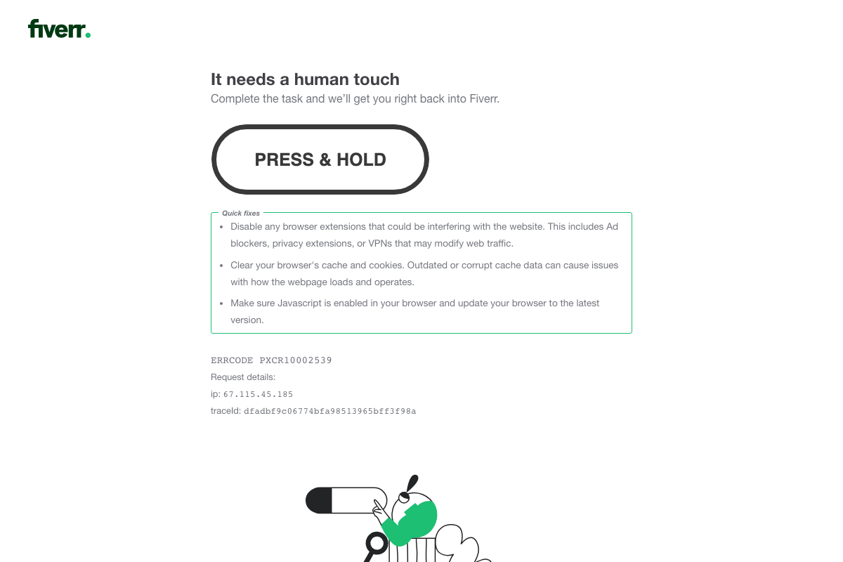 Fiverr.com returned a bot-detection CAPTCHA page rather than marketplace content — the platform-wide ban claim remains unverifiable from these screenshots.