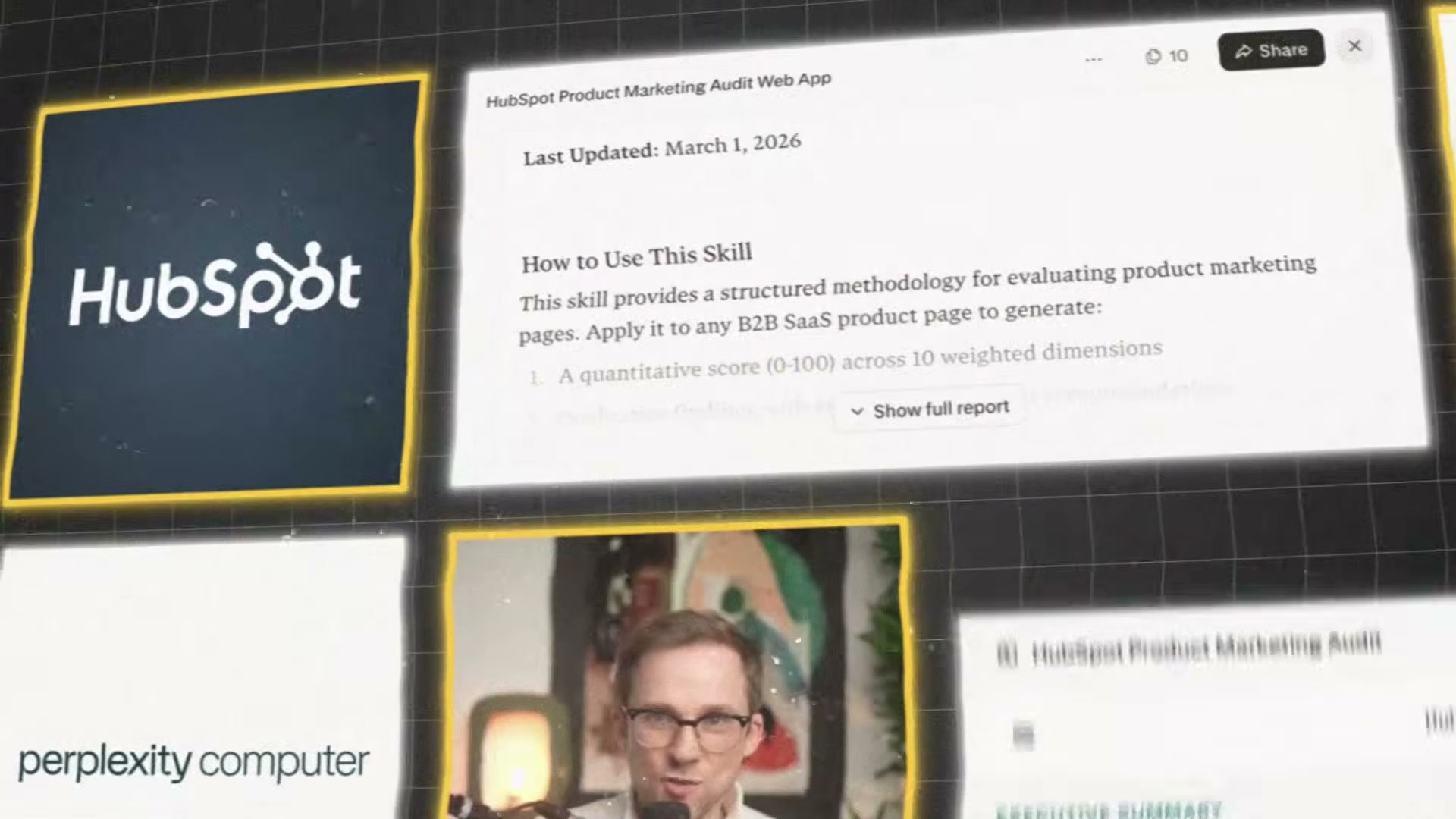 Perplexity Computer surfaces a structured HubSpot Product Marketing Audit skill — a quantitative 0–100 scoring framework across 10 weighted dimensions, generated on demand.