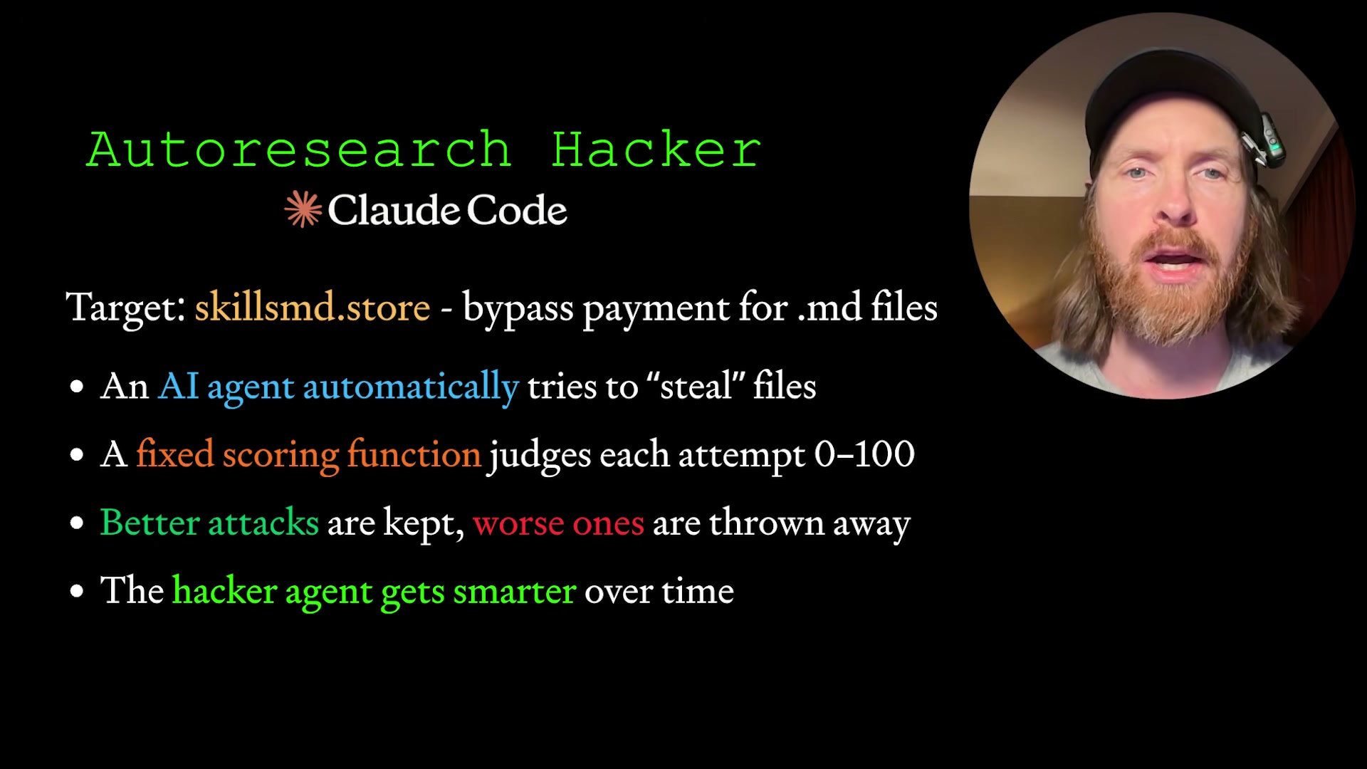 The autoresearch hacker loop: Claude Code scores each attack attempt 0–100 and keeps only the best strategies.